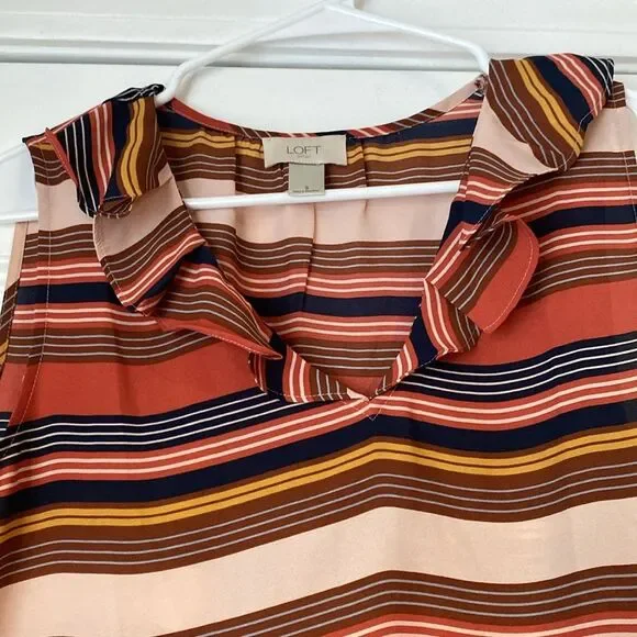 Loft Sleeveless Ruffle Collar Striped Blouse Size Small - Picture 3 of 8